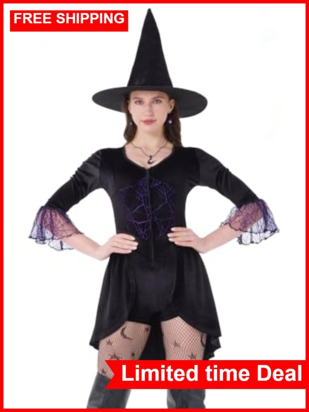 Black Velour Witch Costume Set with Hat & Fishnet Tights